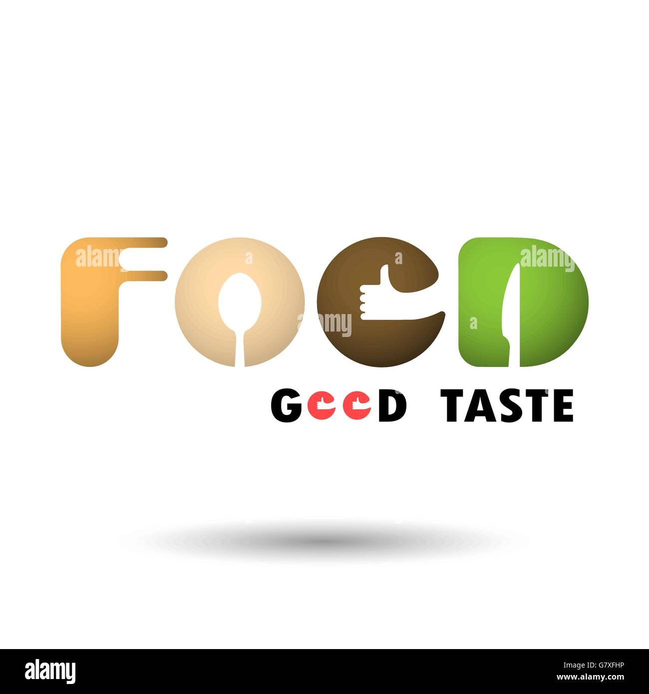 F,O,O and D-letters logo elements design.Spoon,knife and fork icon with human hand symbol.'Food Good Taste' words logo.Food and Stock Vector