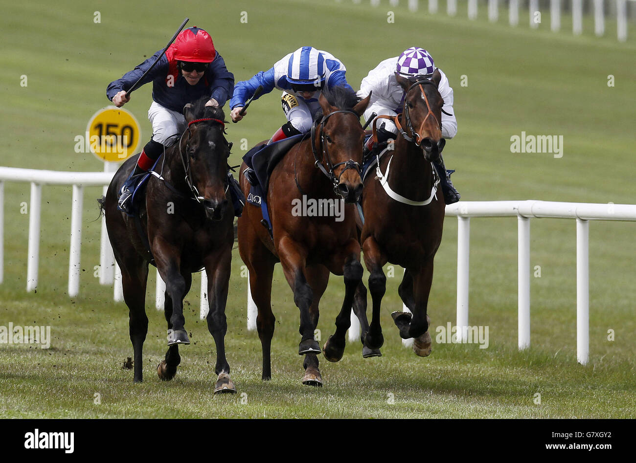 State of Emergency ridden by Emmet McNamara (left) on the way to winning the Zoffany European Breeders Fund Race at Curragh Racecourse, Co Kildare, Ireland. Stock Photo