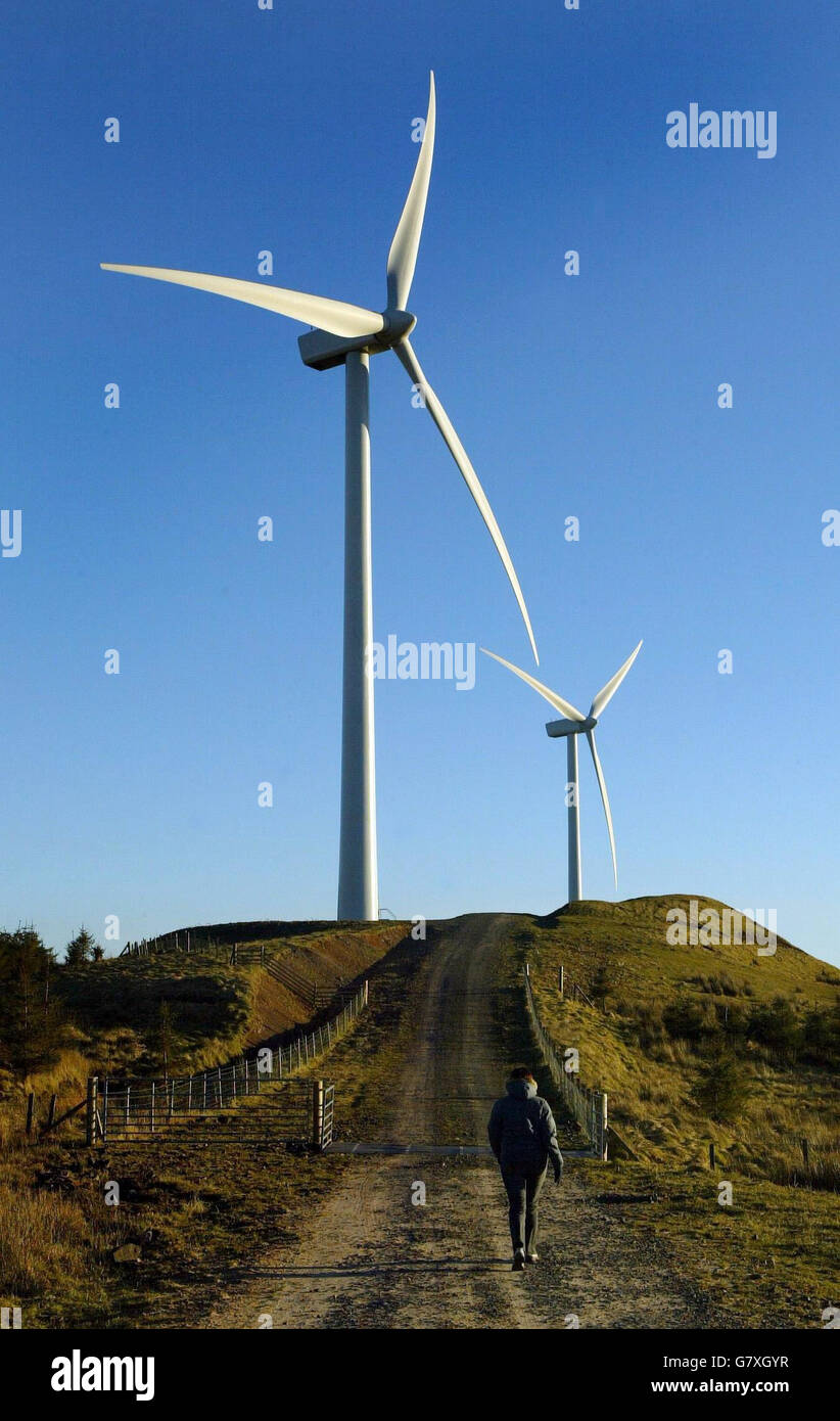 Airtricity's first Scottish Wind farm, now fully operational. The wind farm consists of 12, V80 2MW turbines, each 100m high from ground to blade tip. The wind farm provides sufficient energy for approximately 17,500 homes, saving over 64,000 tonnes of CO2 emissions per annum. Stock Photo