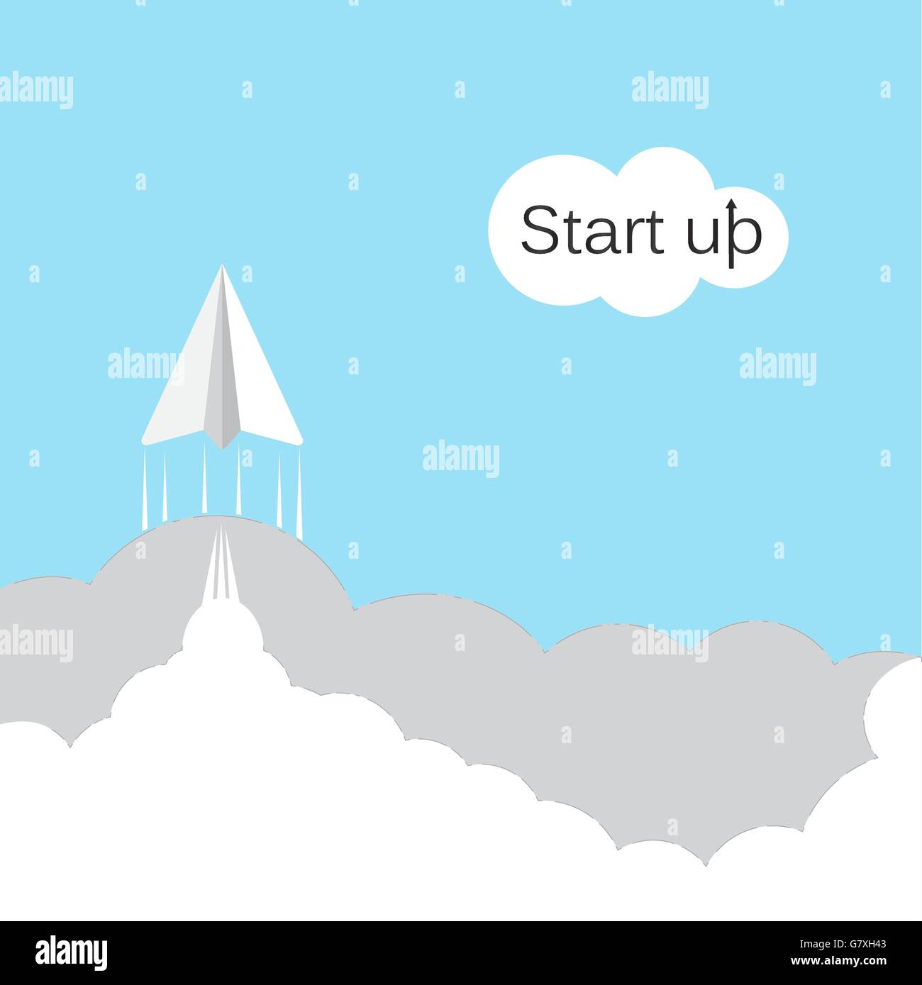 Paper rocket icon with white cloud on sky background.Start up new business project concept,business take off,project Stock Vector