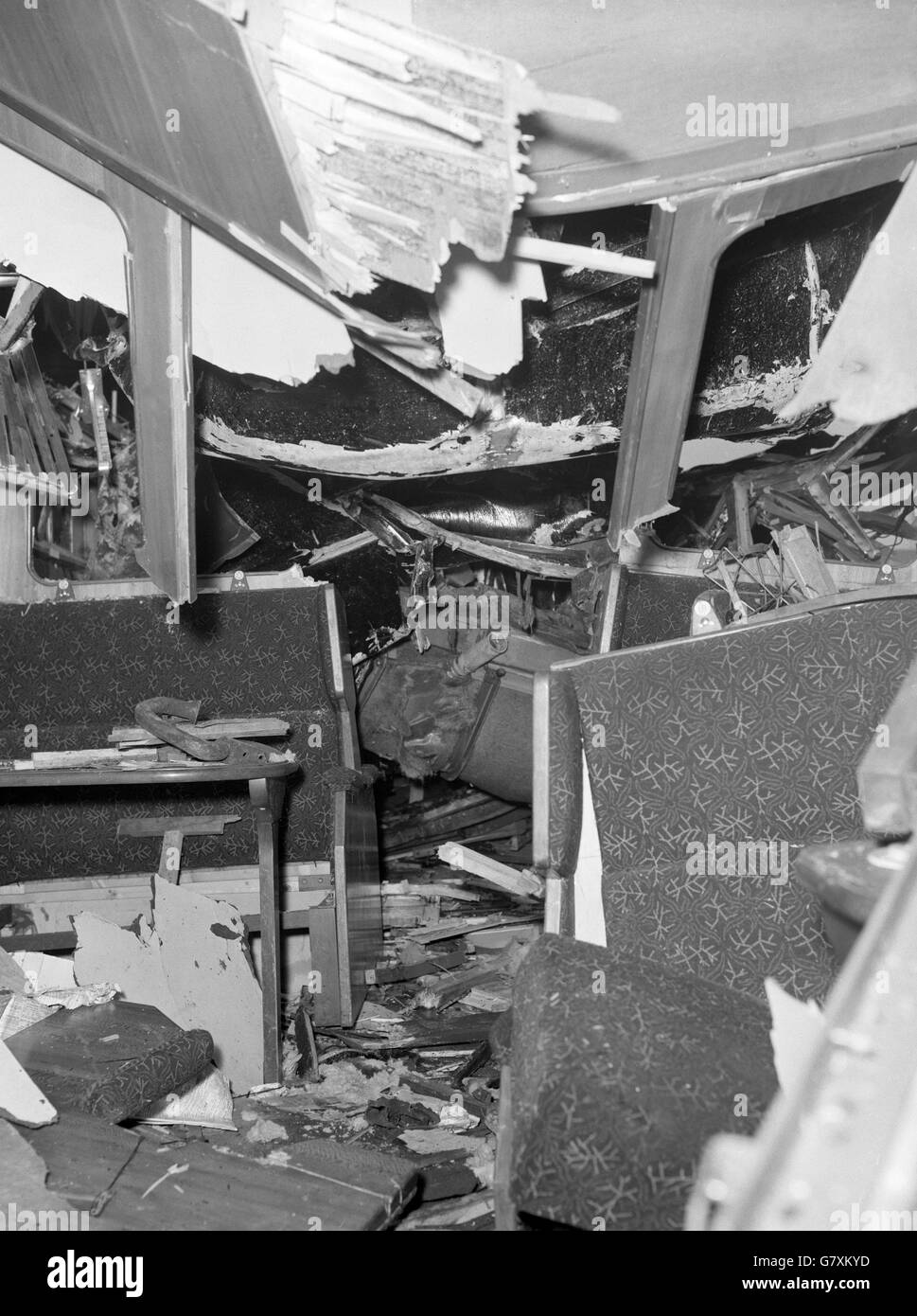 A scene of destruction is pictured inside a coach of one of the two passenger trains that collided in fog near St John's Southern Region railway station in Lewisham, London. Stock Photo