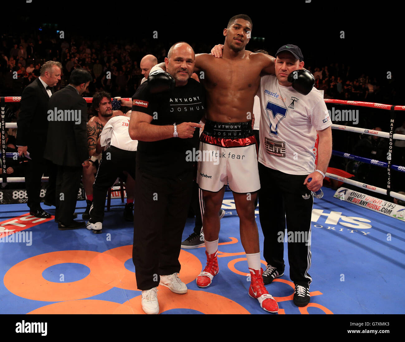 Boxing Barclaycard Arena. Anthony Joshua celebrates beating Rafael