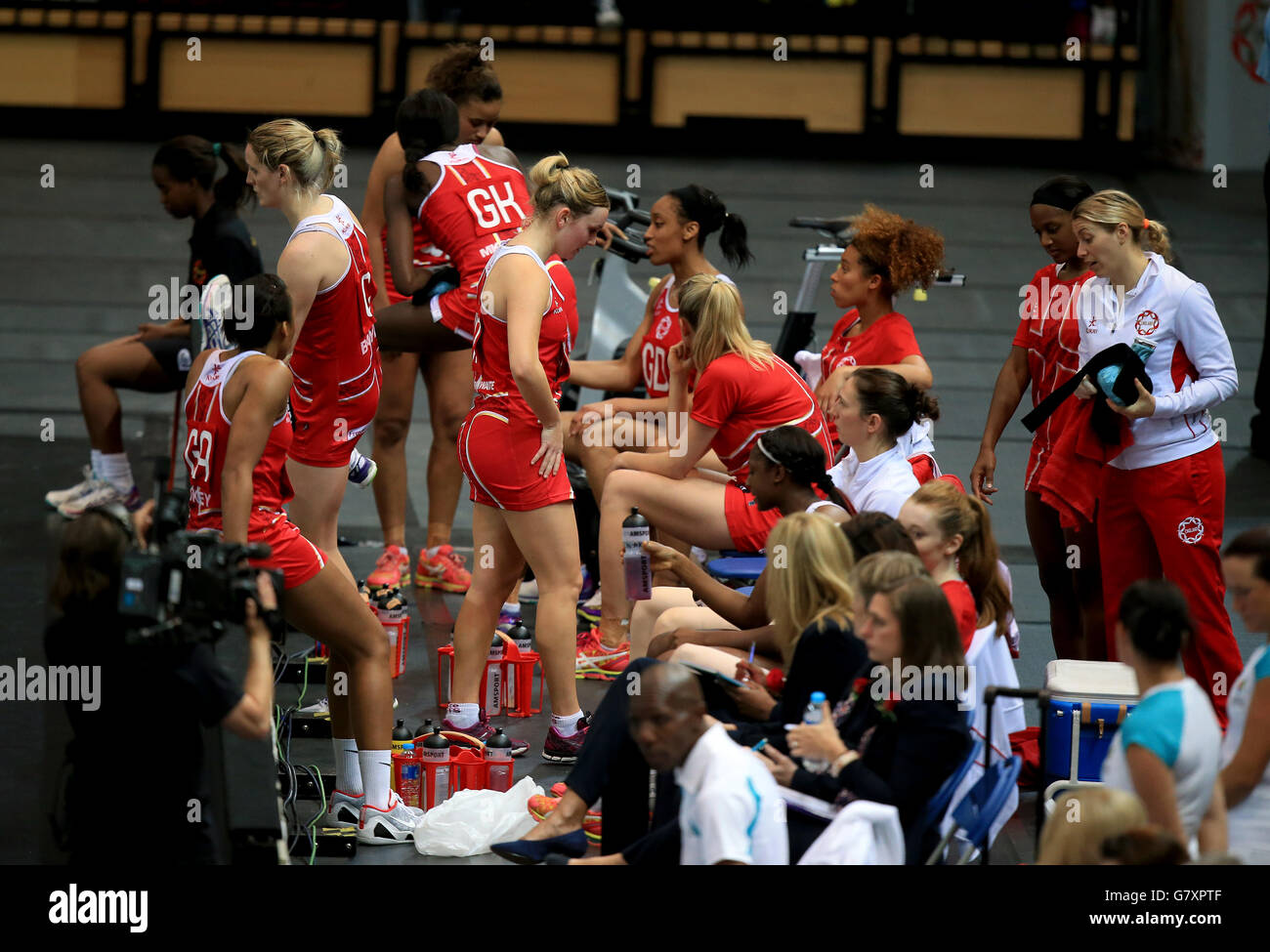 Netball - International Series - England v Trinidad and Tobago - Copper Box Arena. General view of England players on the sidelines Stock Photo