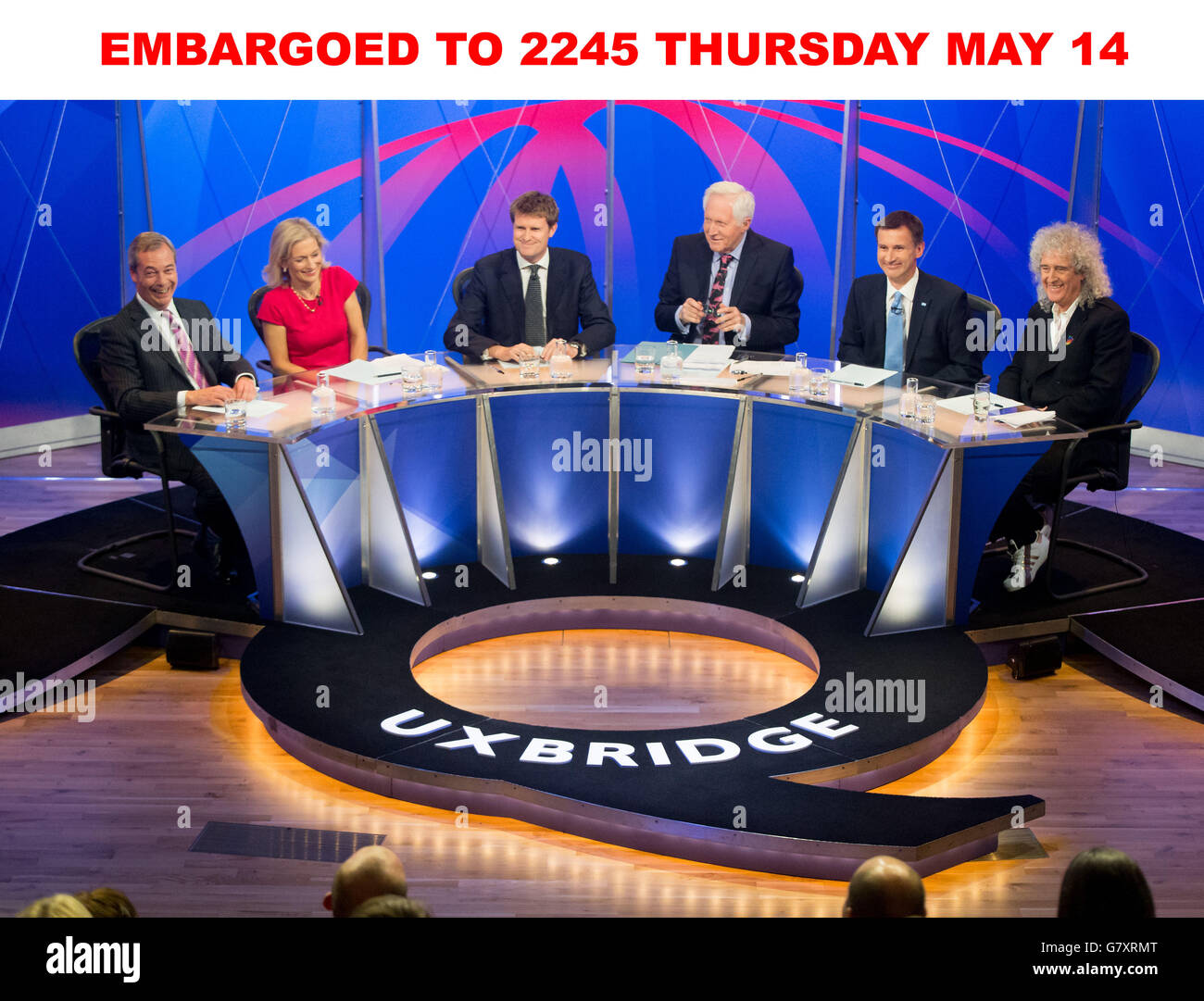 (Left - right) Ukip leader Nigel Farage, Editor-in-Chief for The Economist Zanny Minton Beddoes, shadow education secretary Tristram Hunt, chair David Dimbleby, Health Secretary Jeremy Hunt and Brian May during filming of the BBC1 programme Question Time, in Uxbridge. Stock Photo
