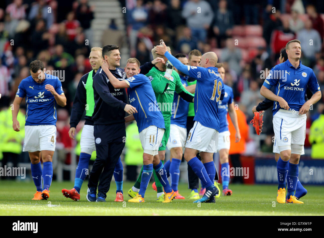Leicester players celebrate after their 0-0 draw in the Barclays Premier League match at The Stadium of Light, Sunderland. Stock Photo