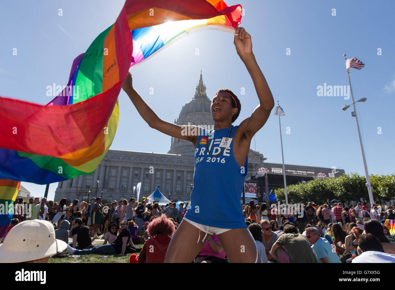 San Francisco, USA. 26th June, 2016. Delvin from San Francisco dances on the City Hall lawn during 2016 Pride celebrations in San Francisco. Credit:  John Orvis/Alamy Live News Stock Photo