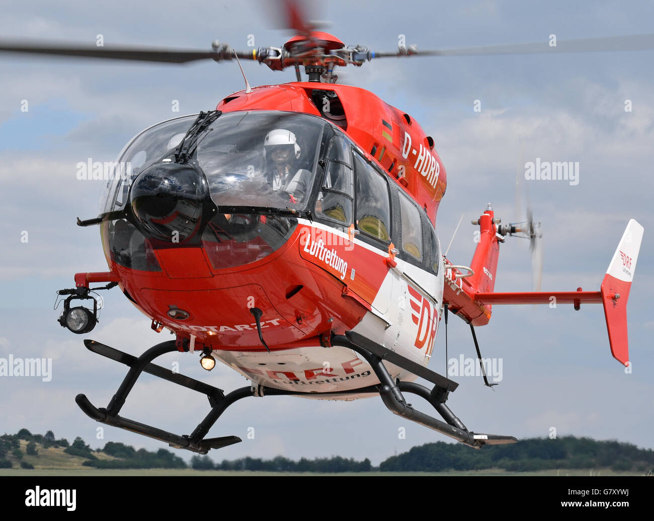 A DRF a helicopter takes off at the base at the Oppin air field in ...
