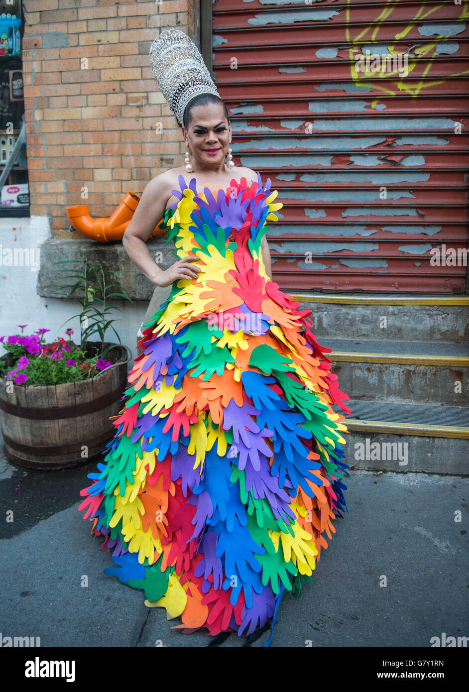 Beauty pageant queen in custom gown at the Gay Pride Parade in New