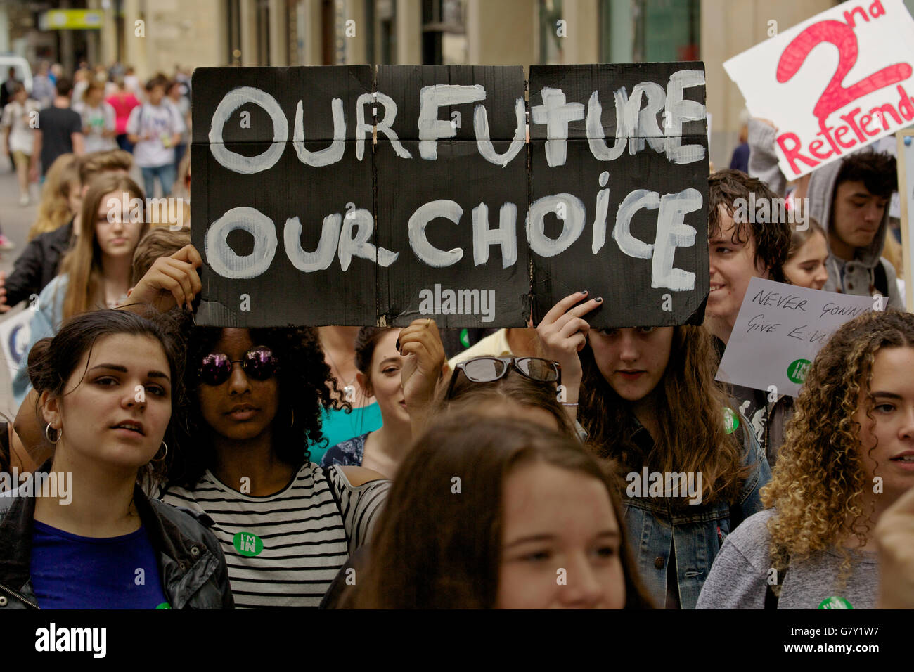 Cardiff, Wales, UK. 27th June 2016. College and sixth form students protest in Cardiff City Centre and outside the Welsh Assembly in Cardiff Bay, calling for a second referendum and a vote for 16 year olds, following last Thursday's UK Brexit vote. Credit:  Haydn Denman/Alamy Live News Stock Photo