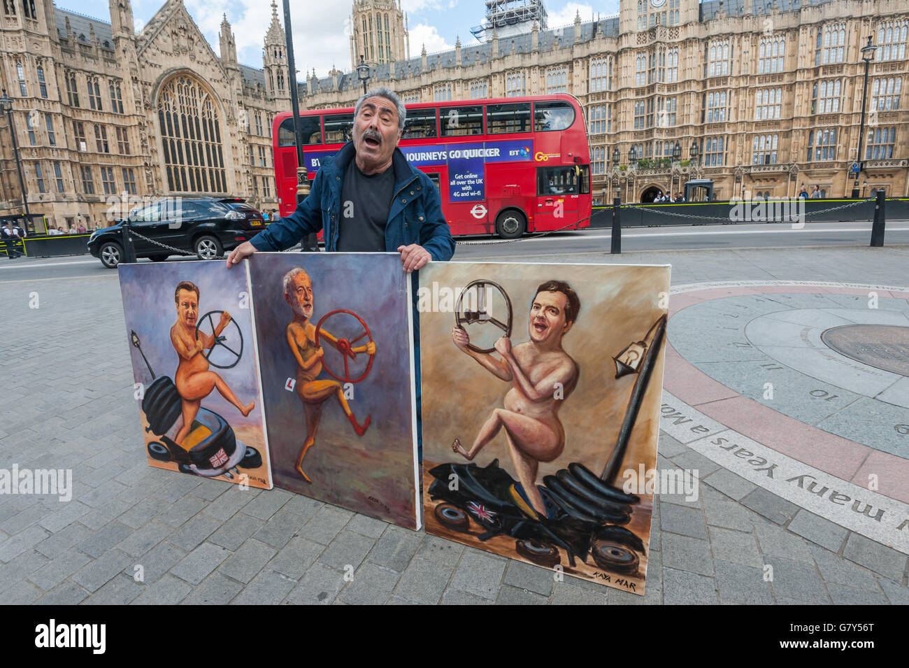 London, UK. 27th June 2016.  Political artist Kaya Mar poses with three paintings showing David Cameron, Jeremy Corbyn and George Osborne after Brexit. Cameron and Osborne hold unattached steering wheels as they step out of the wreckage, while Corbyn prances along with an L sign. Peter Marshall/Alamy Live News Stock Photo