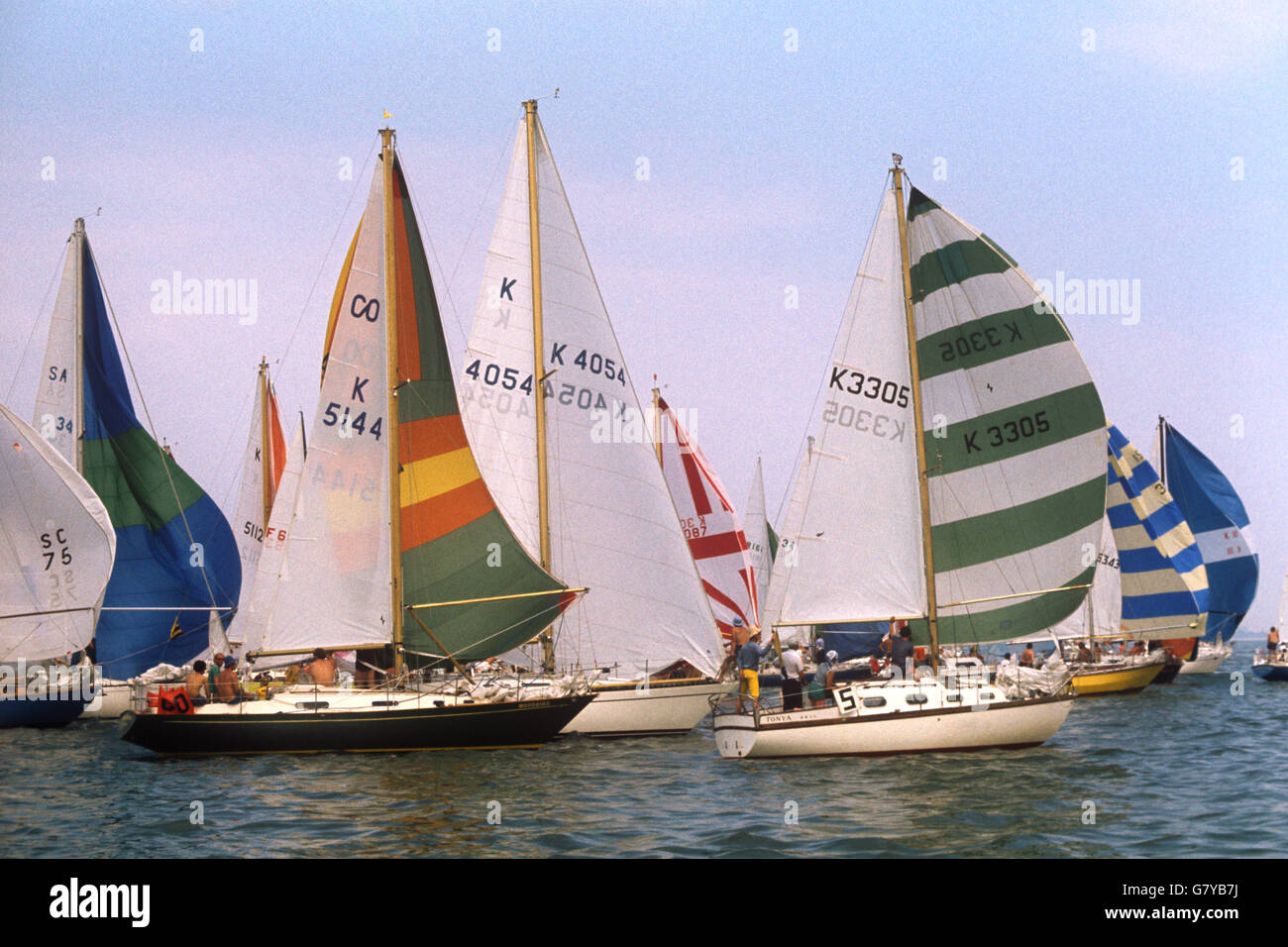 Sailing, Cowes Regatta Week. Massed sails in the Solent during Cowes Regatta Week. Stock Photo