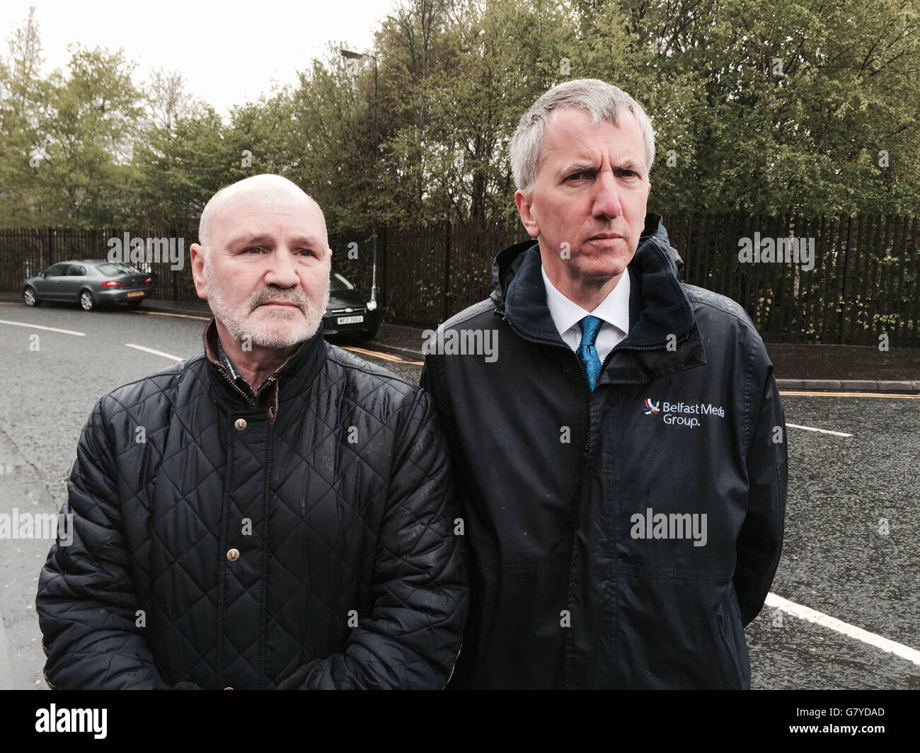 Sinn Fen MLAs Alex Maskey (left) and Mairtin O Muilleoir in the Markets area near Belfast city centre following the fatal shooting of Gerard 'Jock' Davison, a former IRA commander. Stock Photo