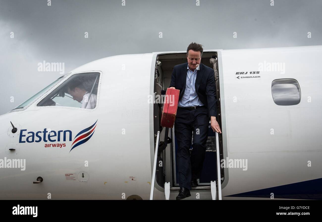 Prime Minister David Cameron arrives at Newquay Airport in Cornwall for his trip to the South West as he continues his General Election campaign TRAIL. Stock Photo