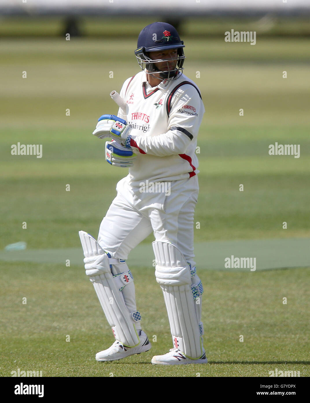Lancashire's Ashwell Prince looks back as he is dismissed on 153 during the LV County Championship, Division Two match at The County Ground, Northamptonshire. Stock Photo