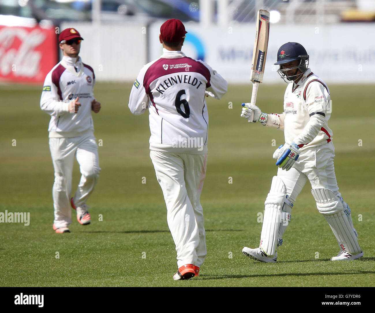 Lancashire's Ashwell Prince raise his bat to the crowd as he is dismissed on 153 during the LV County Championship, Division Two match at The County Ground, Northamptonshire. Stock Photo