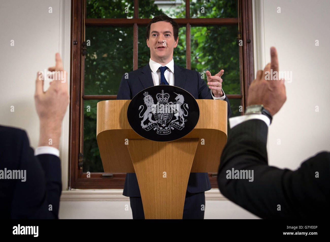Chancellor George Osborne speaks at The Treasury, London, where he moved to try to calm market turmoil triggered by the pro-Brexit vote. Stock Photo