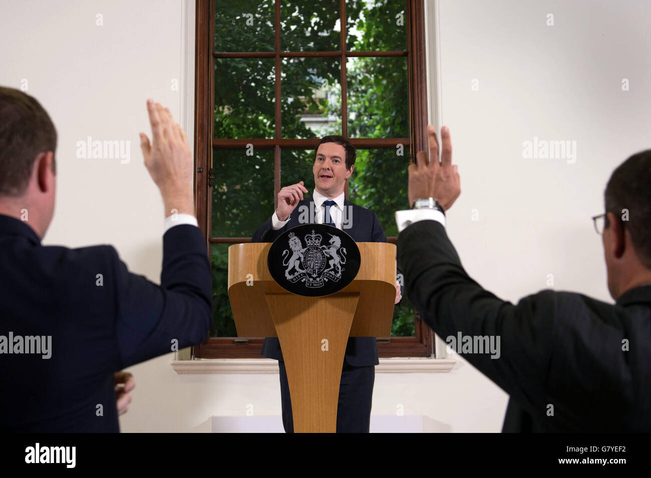 Chancellor George Osborne speaks at The Treasury, London, where he moved to try to calm market turmoil triggered by the pro-Brexit vote. Stock Photo