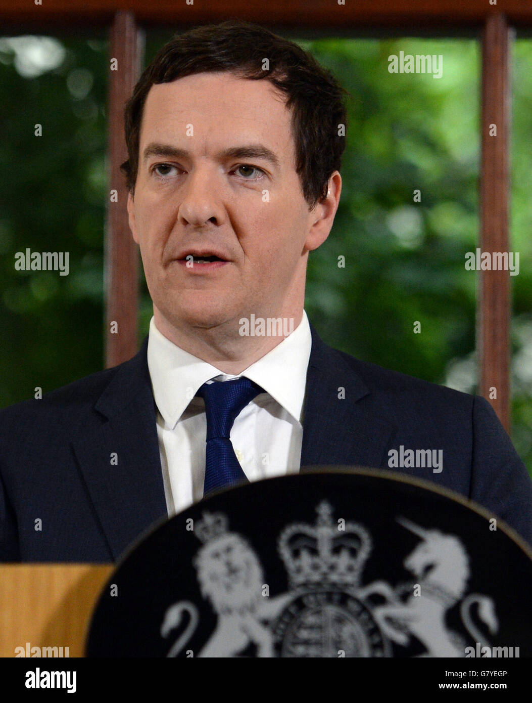 Chancellor George Osborne holds a press conference at The Treasury, London, where he moved to try to calm market turmoil triggered by the pro-Brexit vote. Stock Photo
