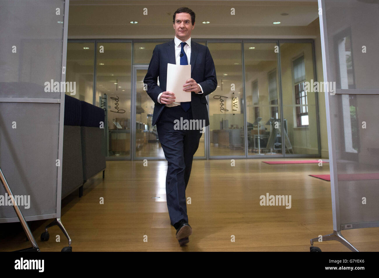 Chancellor George Osborne arrives for a press conference at The Treasury, London, where he moved to try to calm market turmoil triggered by the pro-Brexit vote. Stock Photo