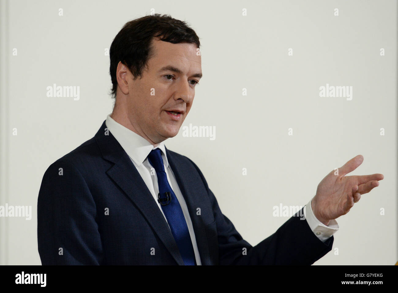Chancellor George Osborne holds a press conference at The Treasury, London, where he moved to try to calm market turmoil triggered by the pro-Brexit vote. Stock Photo