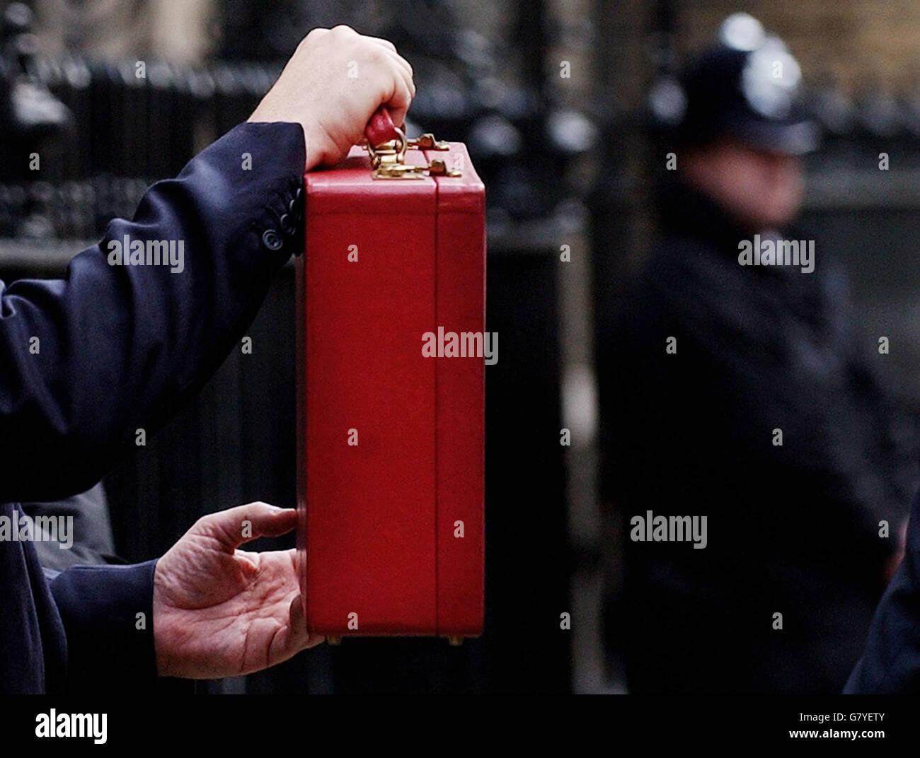 Britain's Chancellor of the Exchequer Gordon Brown holds the red dispatch box. Stock Photo