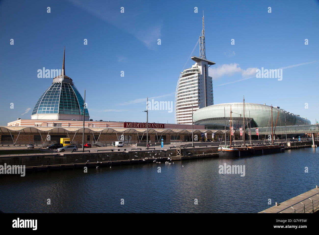 Klimahaus building, Mediterraneo shopping mall, Conference Center, Sail City, Havenwelten, Bremerhaven, Weser River Stock Photo