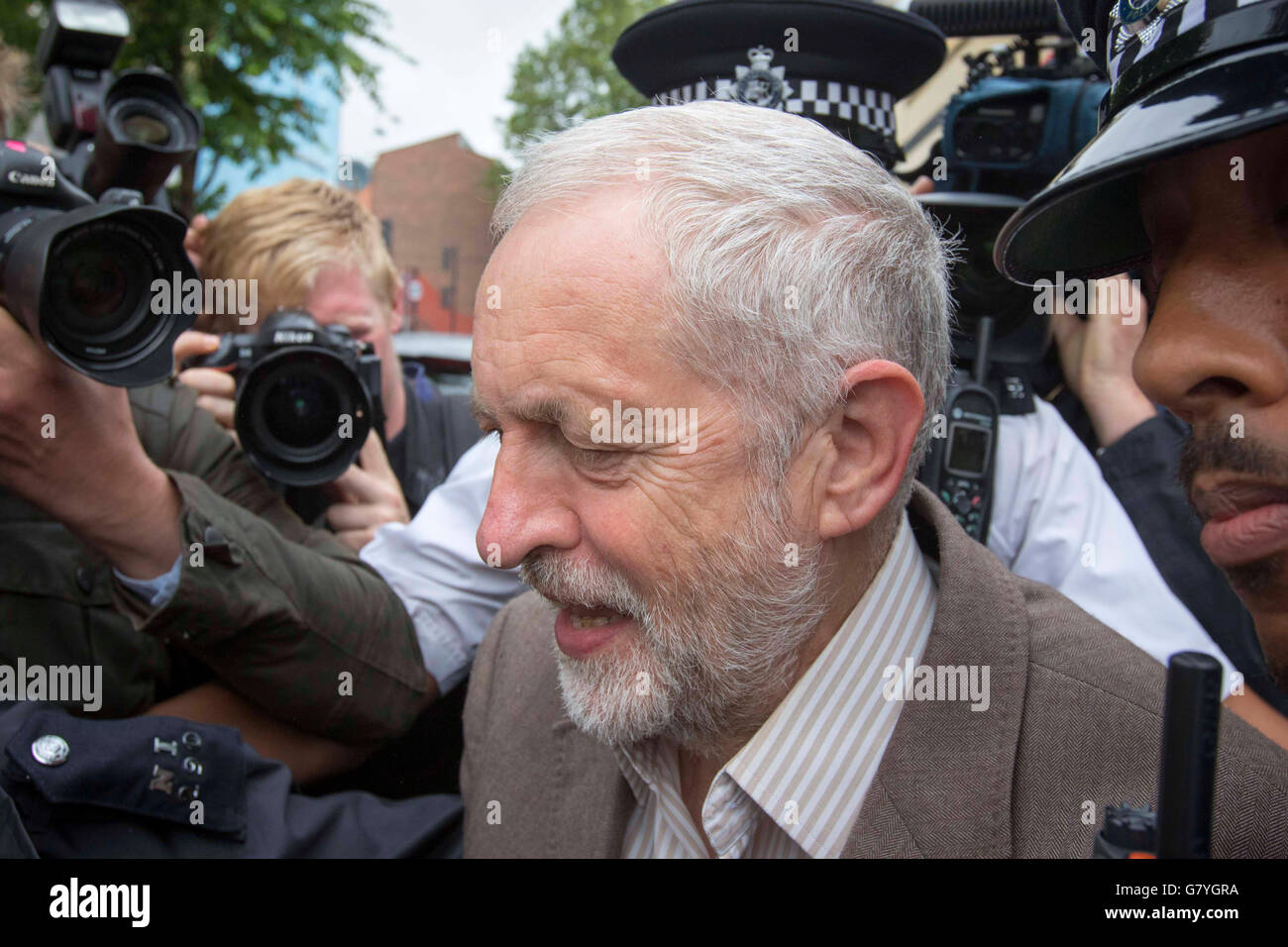 Labour Party leader Jeremy Corbyn leaves his home in north London, after he promoted key allies as the revolt against his leadership of the Labour Party continued. Stock Photo