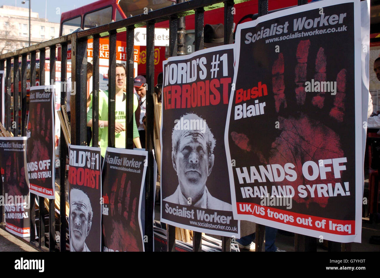 Anti-war posters put up to mark the second anniversary of the war with Iraq. Stock Photo