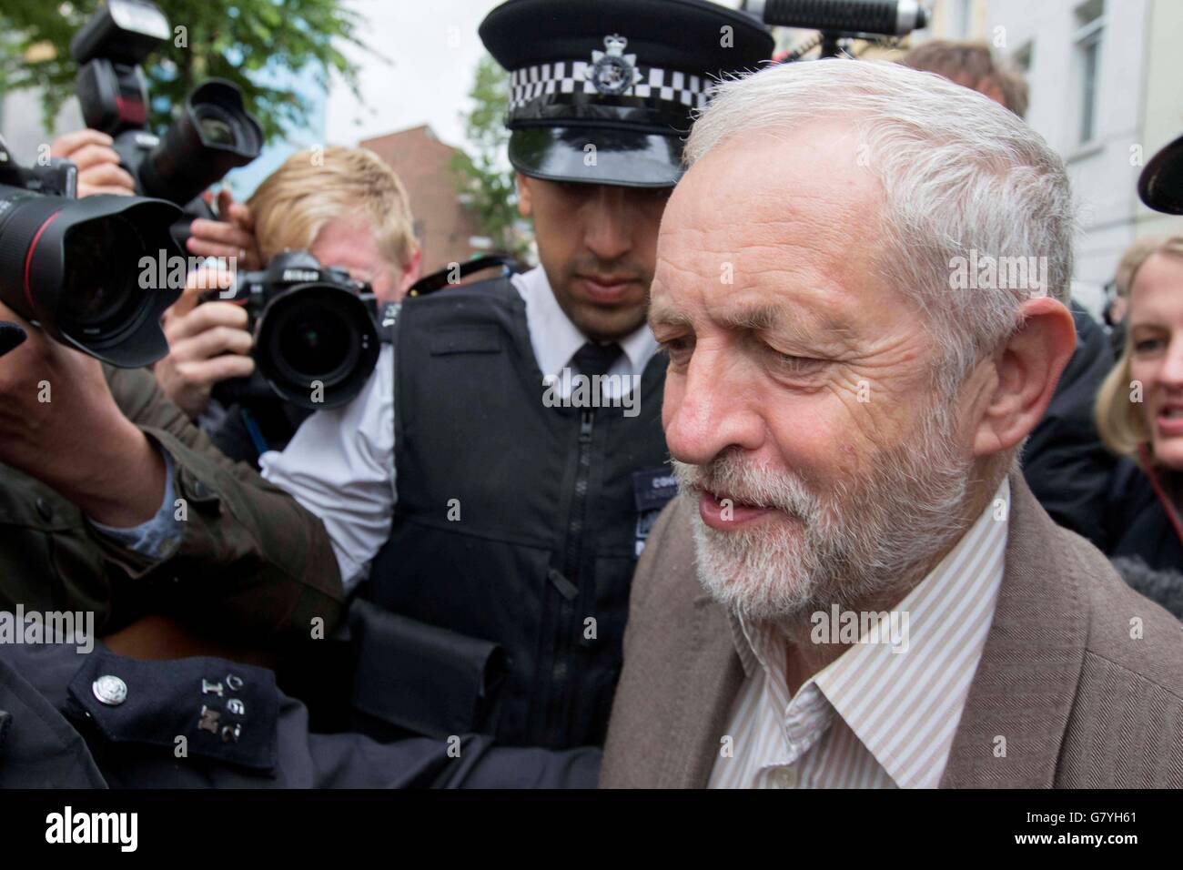 Labour Party leader Jeremy Corbyn leaves his home in north London, after he promoted key allies as the revolt against his leadership of the Labour Party continued. Stock Photo
