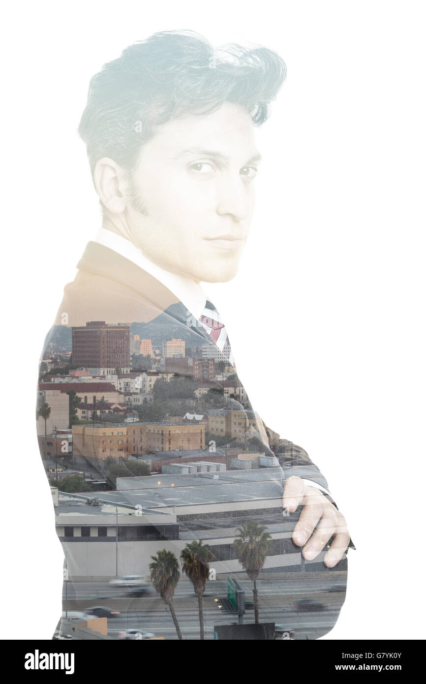 Business double exposure with businessman in a suit and city skyline ...