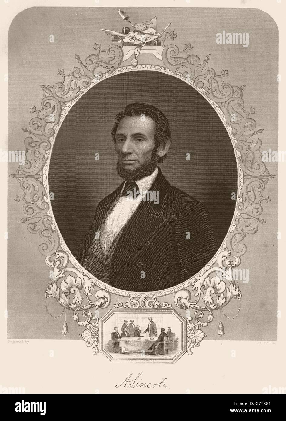 AMERICAN CIVIL WAR. President Abraham Lincoln. Inset: Cabinet Council, 1864 Stock Photo