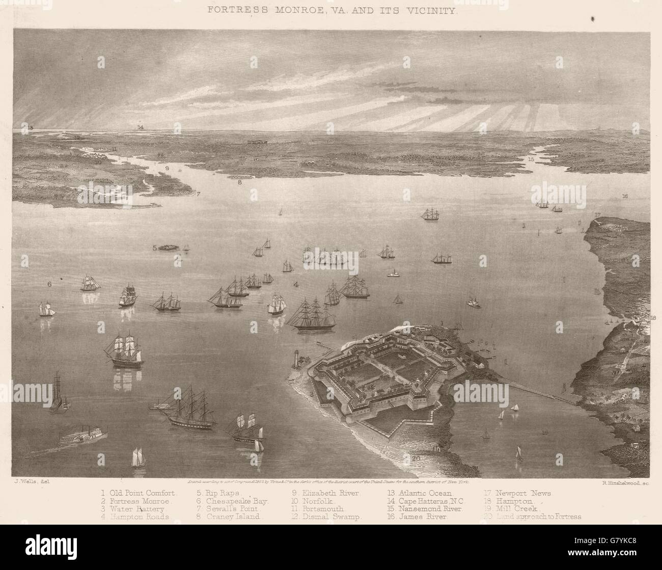 AMERICAN CIVIL WAR. Fortress Monroe and Vicinity. Virginia, antique print 1864 Stock Photo