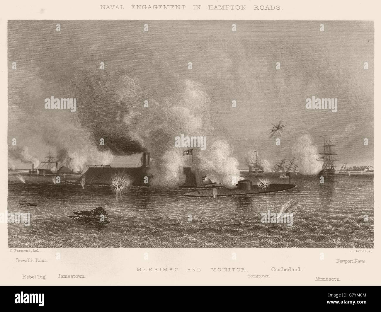 AMERICAN CIVIL WAR. Hampton Roads naval battle. Merrimac & Monitor.Virginia 1864 Stock Photo