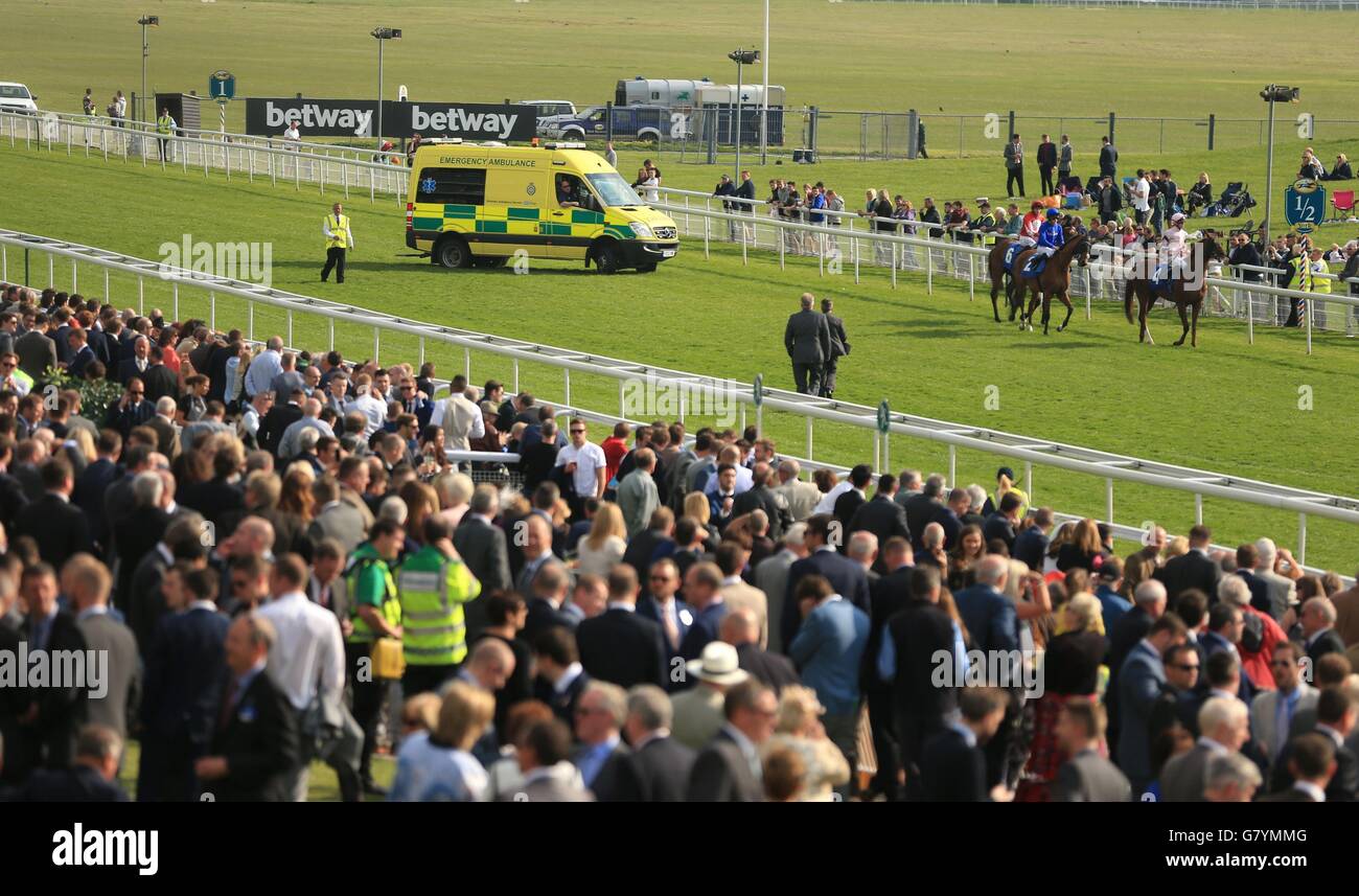 An ambulance carries Jack Garritty after he was thrown off on the way to post during day three of the Dante Festival at York Racecourse, York. Stock Photo