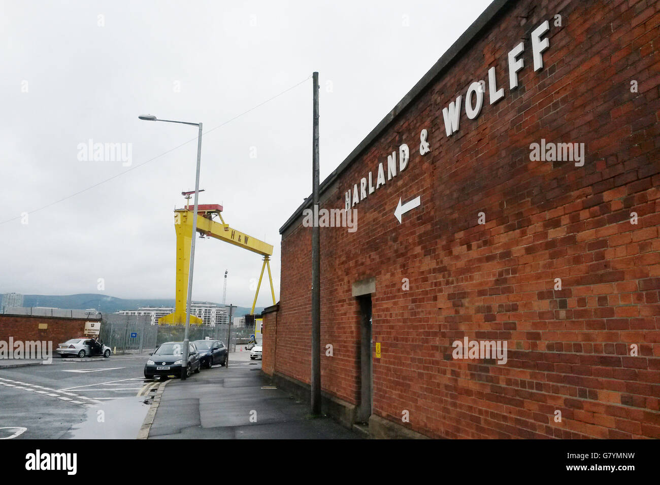 The entrance to Harland and Wolff shipyards in Belfast where a bacterial infection that can cause potentially deadly illnesses has broken out there. Stock Photo