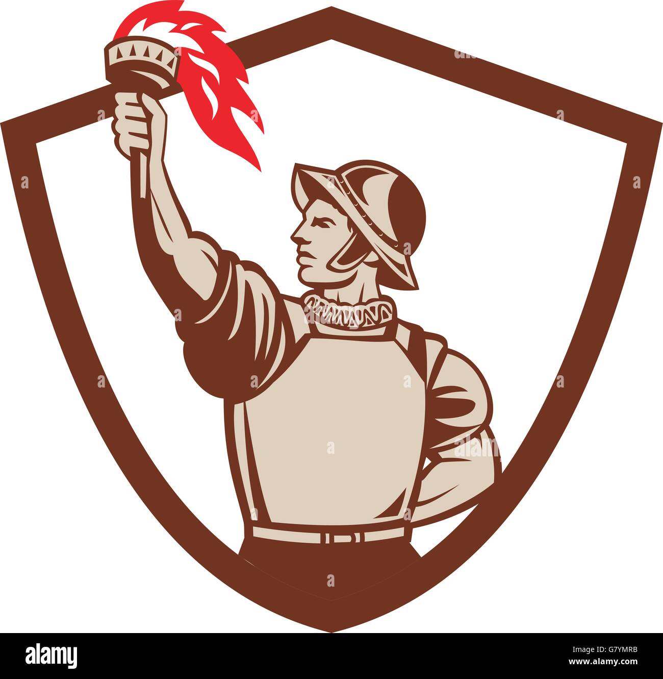 Illustration of a spanish conquistador looking to the side with one head at the back and the other hand lifting raising torch set inside shield crest on isolated background done in retro style. Stock Vector