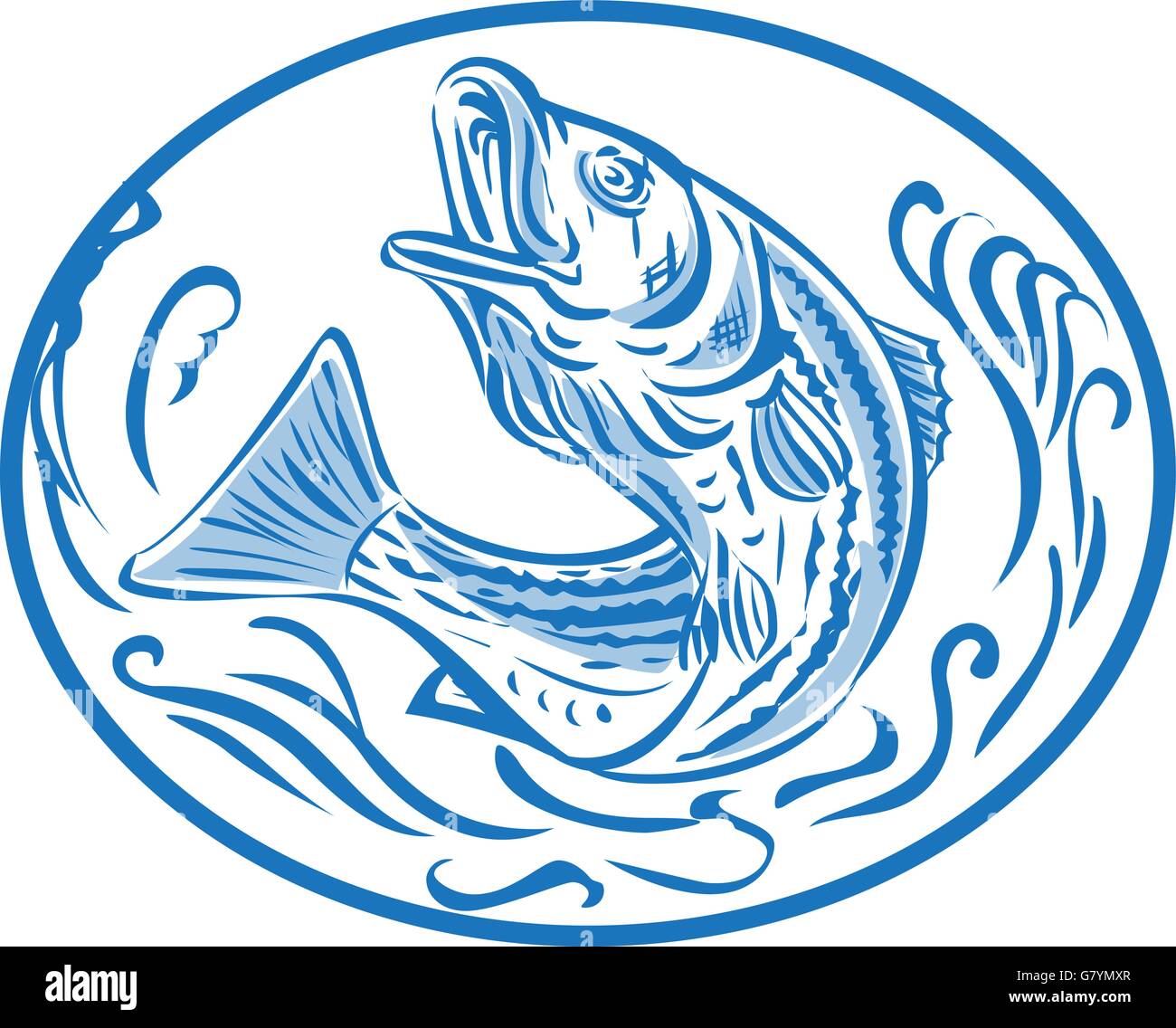 Drawing sketch style illustratoin of a rockfish also called striped bass ,Morone saxatilis, Atlantic striped bass, striper, linesider, pimpfish or rock jumping up set inside oval shape. Stock Vector