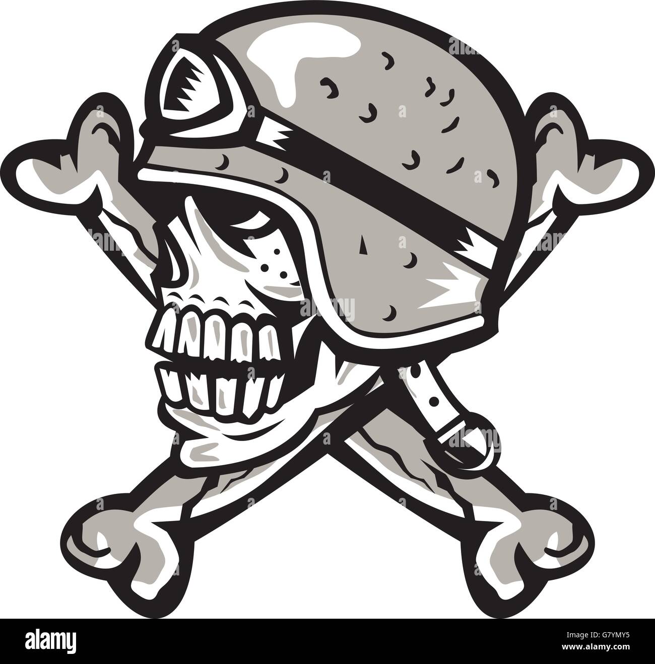 Illustration of a skull looking to the side wearing bike helmet with bones at the back set on isolated white background done in Stock Vector