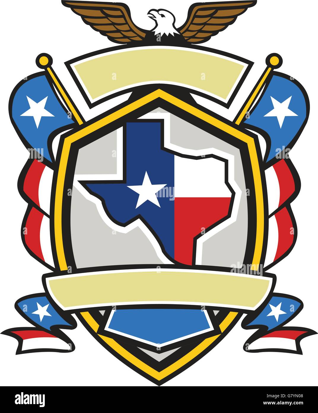 Illustration of coat of arms style emblem of Texas state map draped in its  state flag with american eagle up on top and unfurled Texan lone star flags  on side set inside