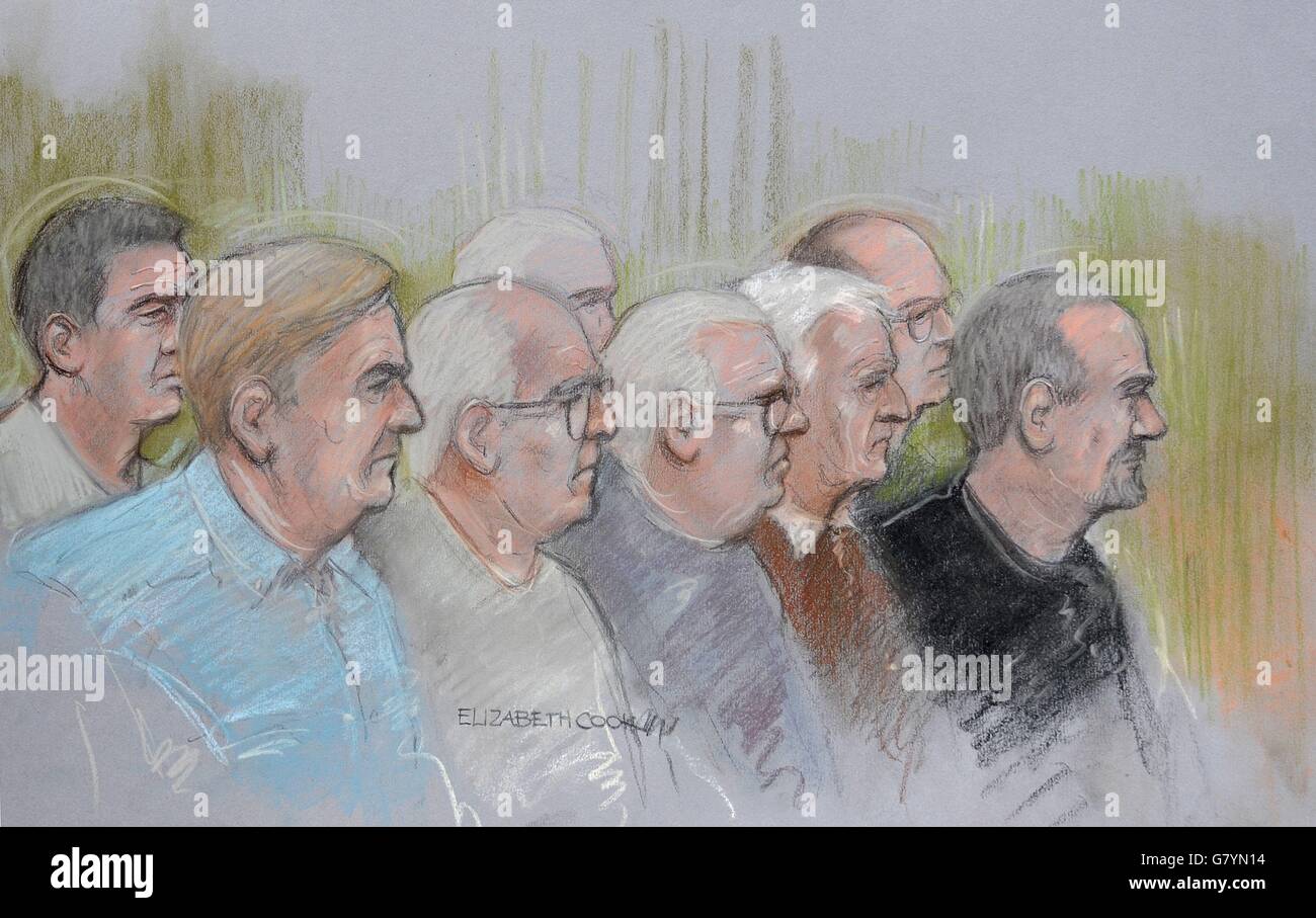 Court artist sketch by Elizabeth Cook of (front row left to right) Paul Reeder, William Lincoln, John Collins, Brian Reeder and Hugh Doyle, (back row left to right) Daniel Jones, Terry Perkins (obscured) and Carl Wood making their first appearance at Westminster Magistrates Court in London where they are accused of the Hatton Garden jewellery raid. Stock Photo