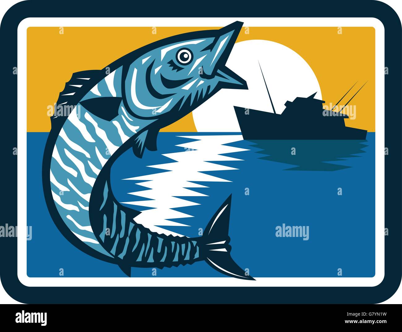 Illustration of a wahoo , Acanthocybium solandri, a scombrid fish jumping up with sea and fishing boat in the background set inside square shape done in retro style. Stock Vector