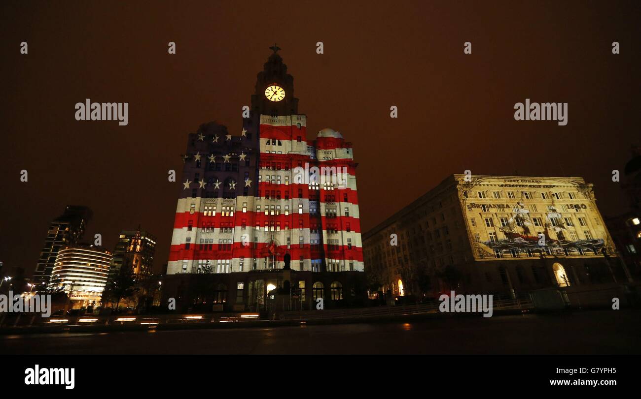 The Liver building one of the Three Graces, is lit up with 3D