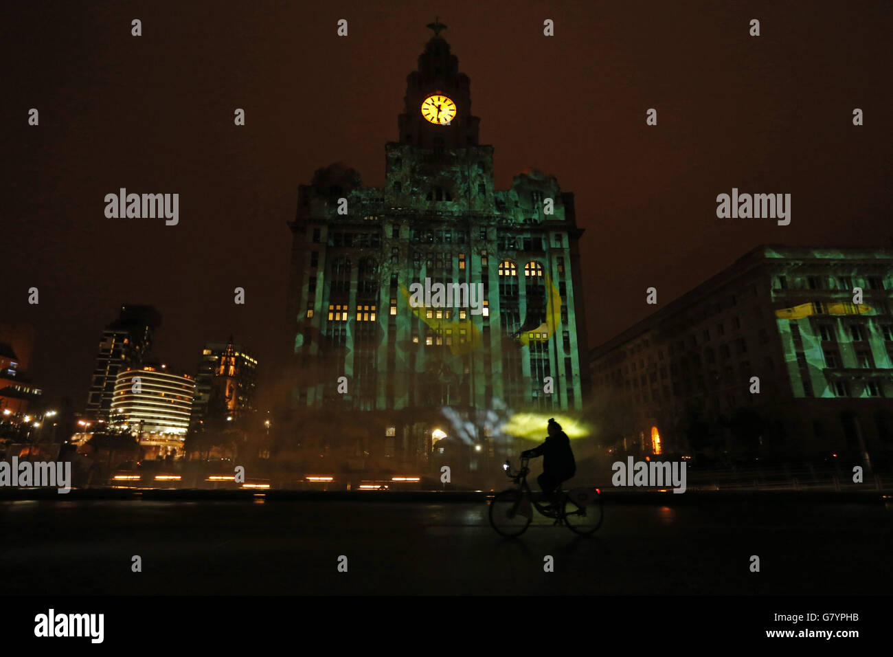 The Liver building one of the Three Graces, is lit up with 3D