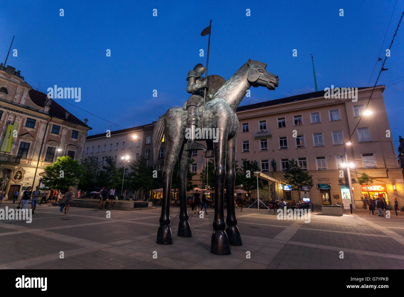 The equestrian statue Margrave Jost of Luxembourg, Moravian Square (Moravske Namesti), Brno, South Moravia, Czech Republic Stock Photo