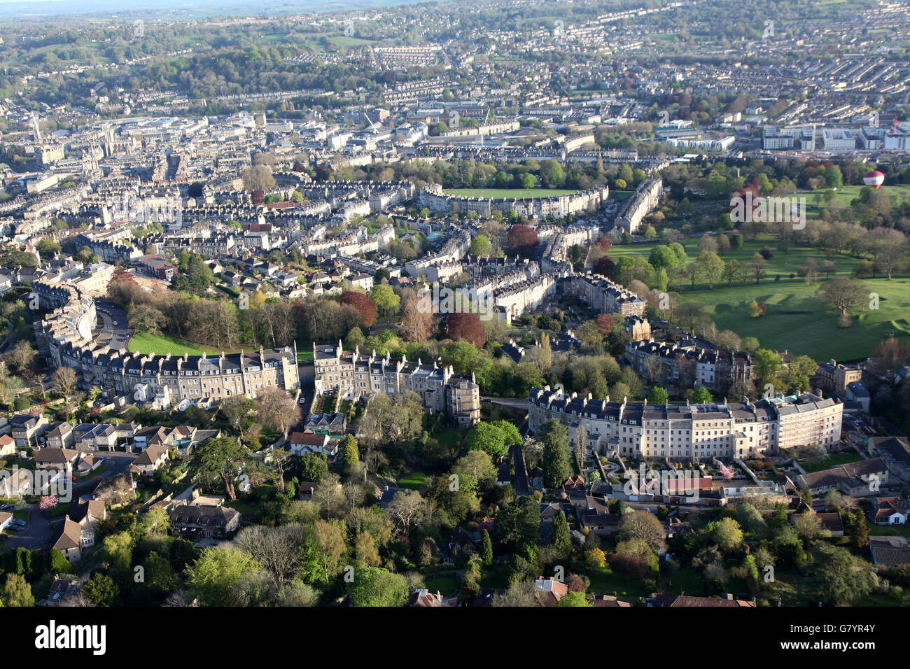 View of the City of Bath from a hot air balloon high overhead showing the extraordinary architecture and green spaces the place Stock Photo