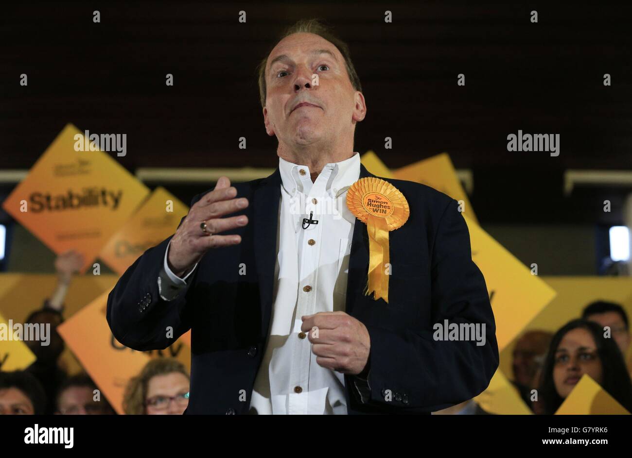 Liberal Democrat Party parliamentary candidate for Bermondsey and Old Southwark Simon Hughes speaks to supporters at the Rennie and Manor Estates Tenants Association Hall in Bermondsey, London. Stock Photo