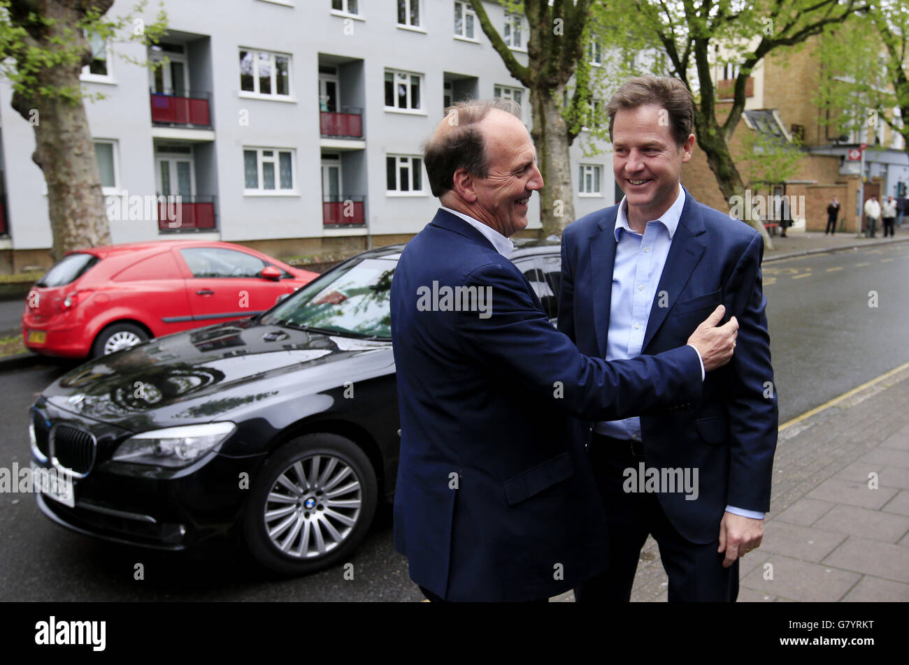 Liberal Democrat Party leader Nick Clegg with parliamentary candidate for Bermondsey and Old Southwark Simon Hughes (left) attend a campaign rally at Rennie and Manor Estates Tenants Association Hall, Bermondsey, London. Stock Photo