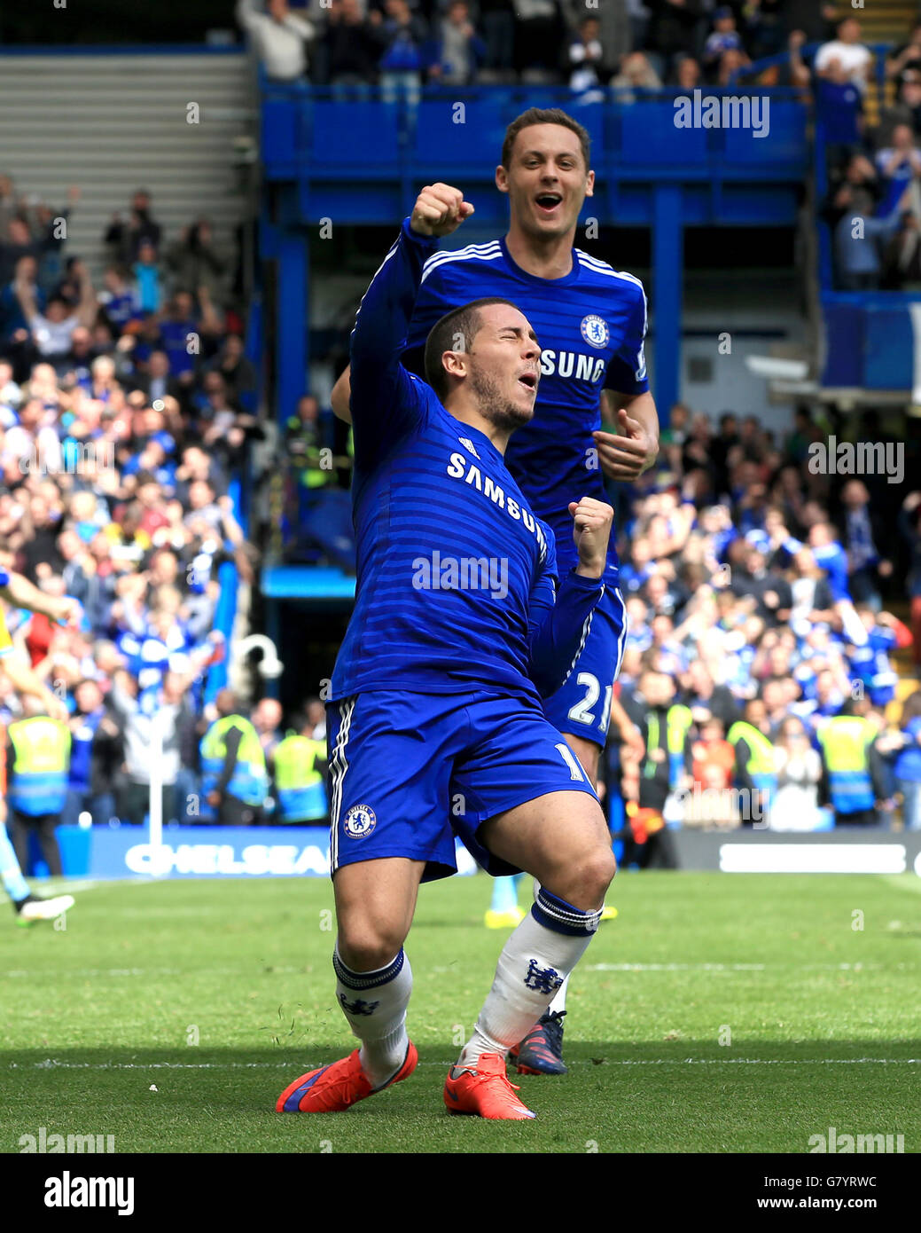 Chelsea's Eden Hazard celebrates after missing his penalty but scoring with the rebound header during the Barclays Premier League match at Stamford Bridge, London. PRESS ASSOCIATION Photo. Picture date: Sunday May 3, 2015. See PA story SOCCER Chelsea. Photo credit should read: Nick Potts/PA Wire. Stock Photo