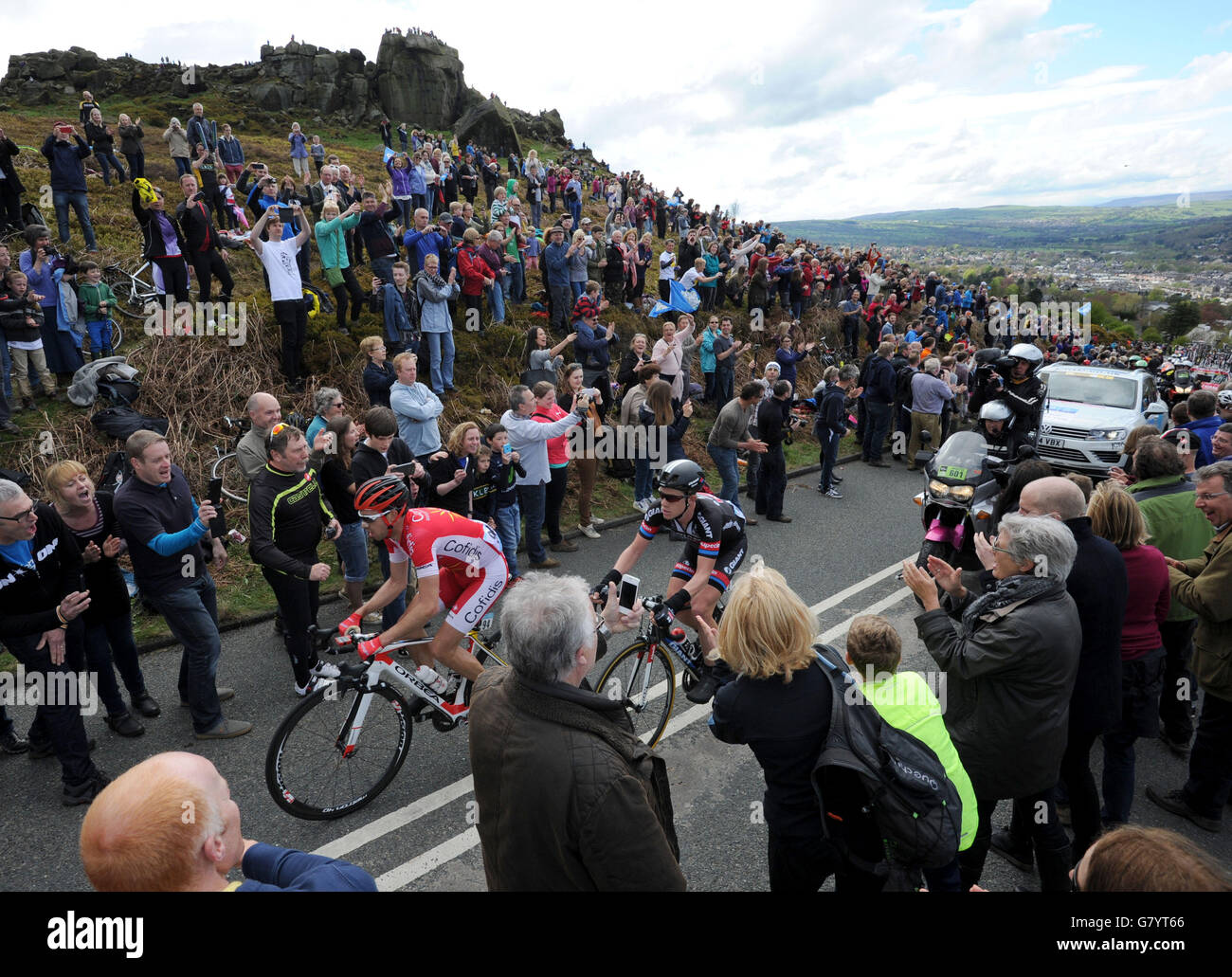 Race leader Team Cofidis' Nicolas Edet (left) nears the summit of the Cote de Cow and Calf during the Tour de Yorkshire between Wakefield and Leeds. Stock Photo