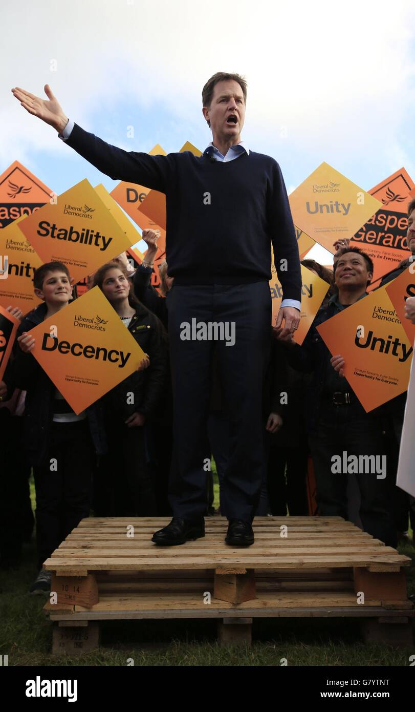Liberal Democrat Party leader Nick Clegg delivers a speech to supporters during a visit to Hush Heath Winery in Staplehurst, Kent whilst on the General Election campaign trail. Stock Photo